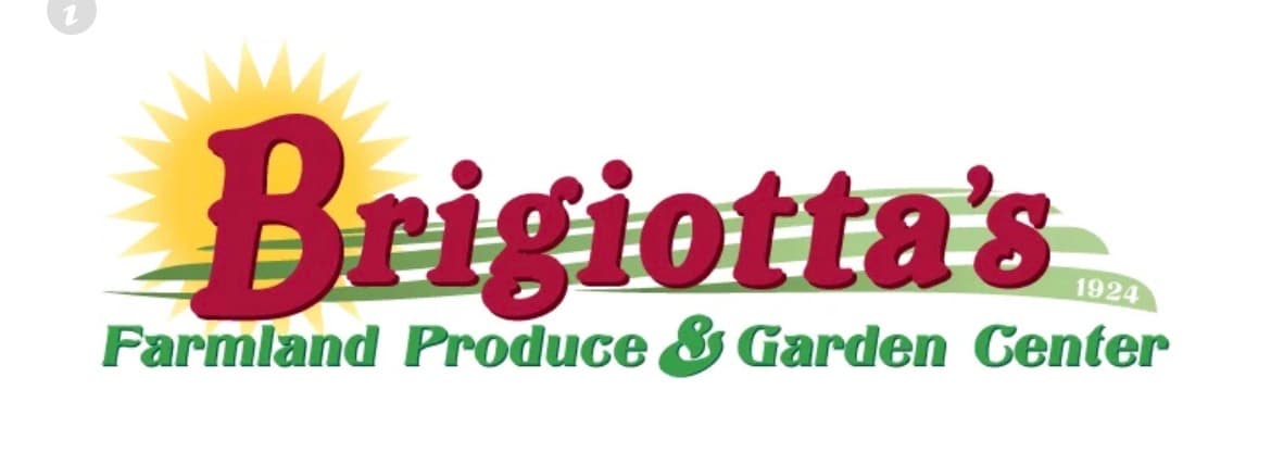 Brigiotta's Farmland Produce & Garden Center logo, red and green lettering in front of a rising sun, marked 1924