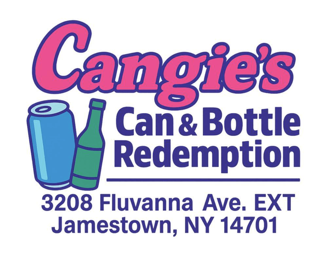 Cangie's Can & Bottle Redemption logo, pink script and navy lettering beside a drawing of a can and a bottle
