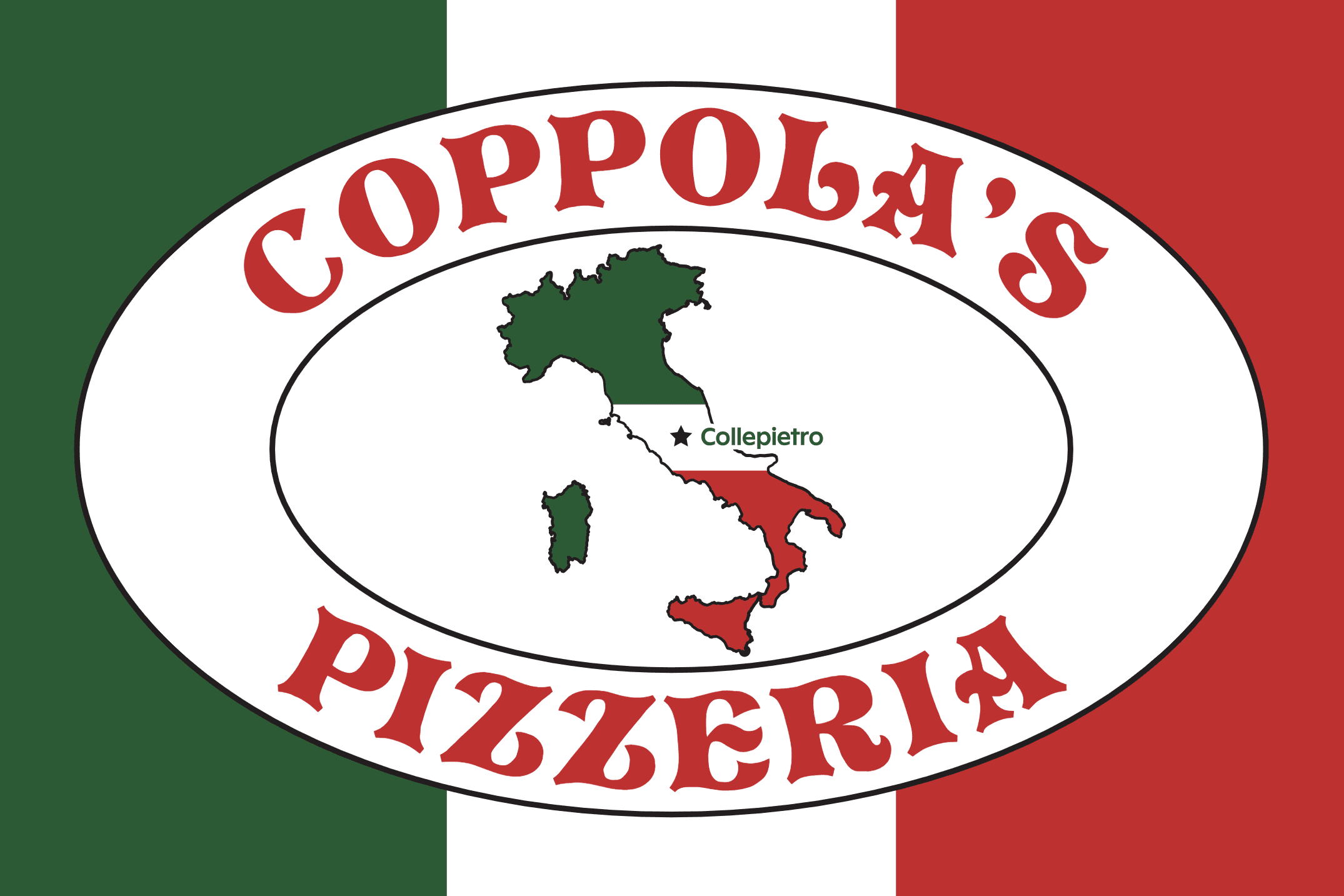 Coppola's Pizzeria logo: an oval over the Italian flag with a map of Italy marking the village of Collepietro
