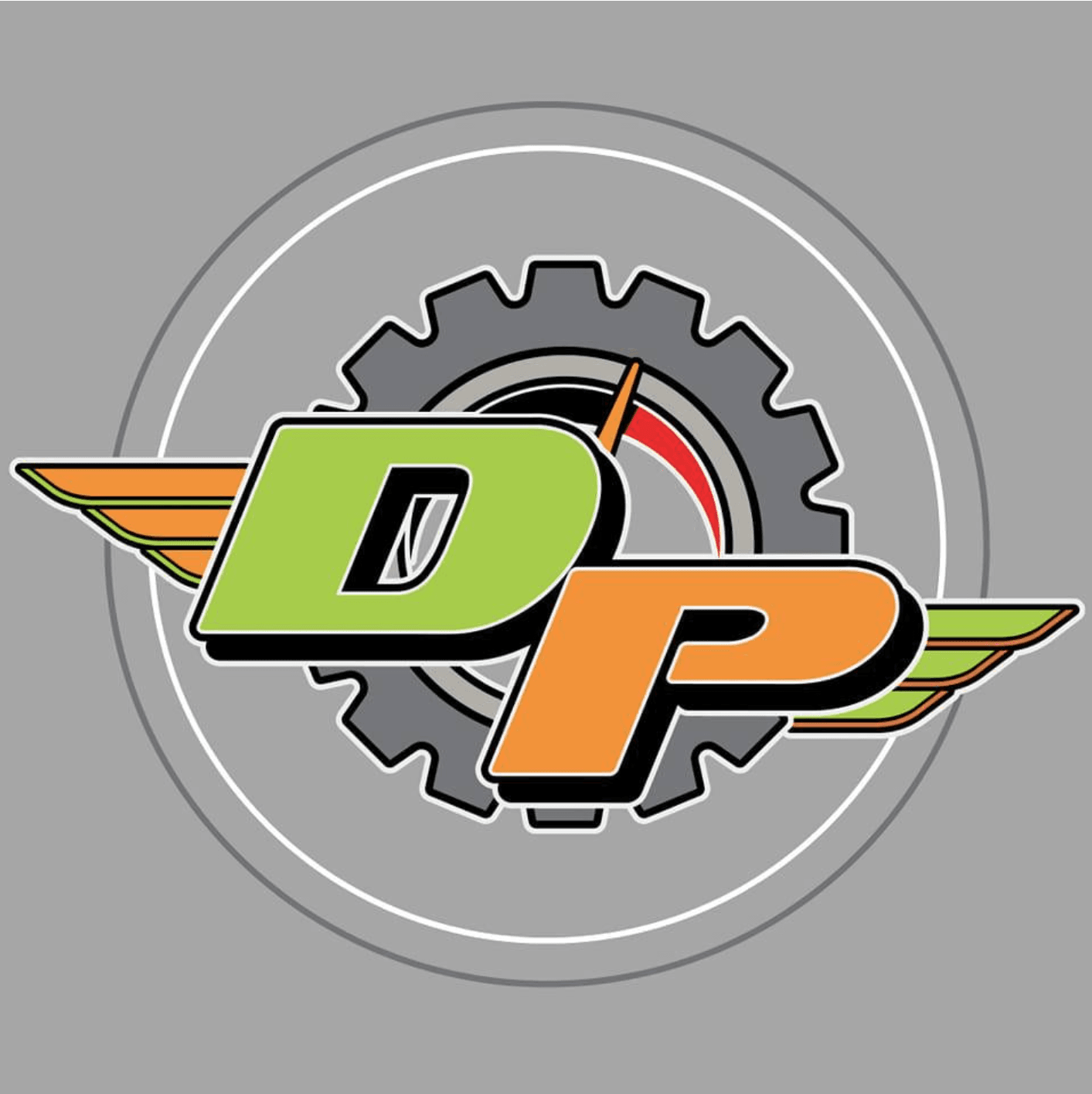 Drake's Power Sports logo: a winged green and orange DP monogram over a gear and speedometer