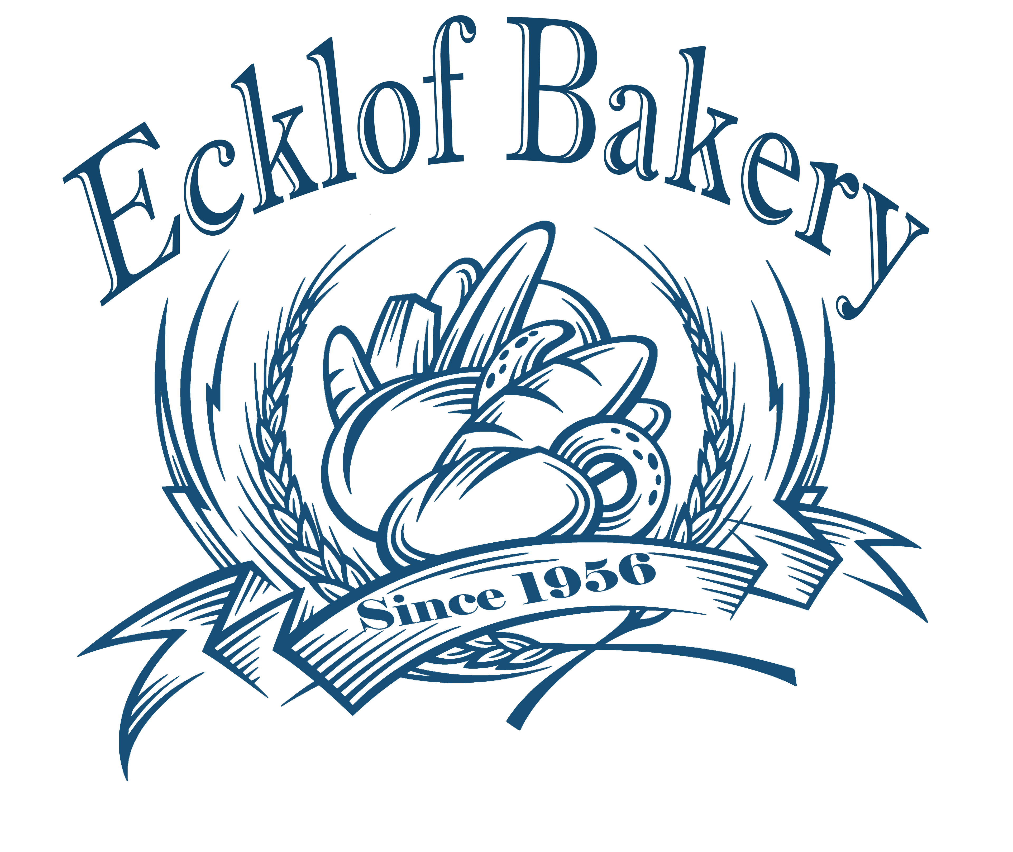 Ecklof Bakery logo engraved in navy: loaves of bread inside a wheat wreath over a banner reading Since 1956