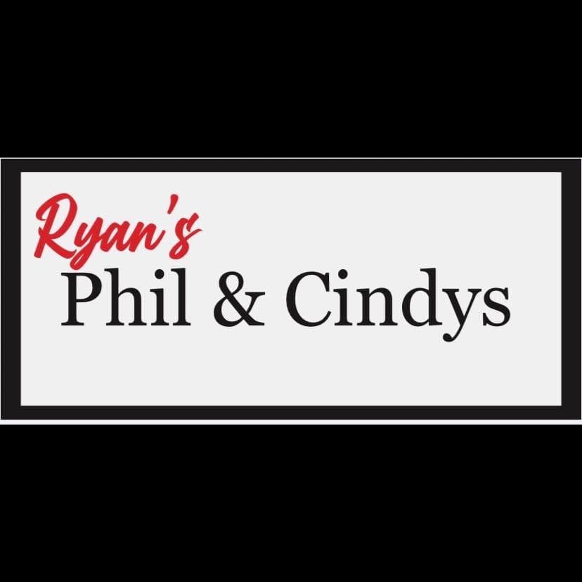 Ryan's Phil & Cindy's sign: red script and black serif lettering in a black frame